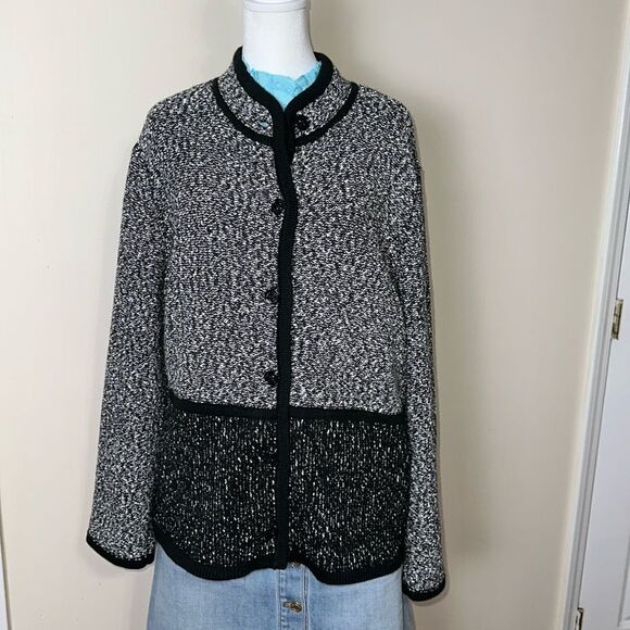 KL XL Two Tone Marbled Black White Boucle Cotton Blend Knit Button Front Jacket - Picture 1 of 13